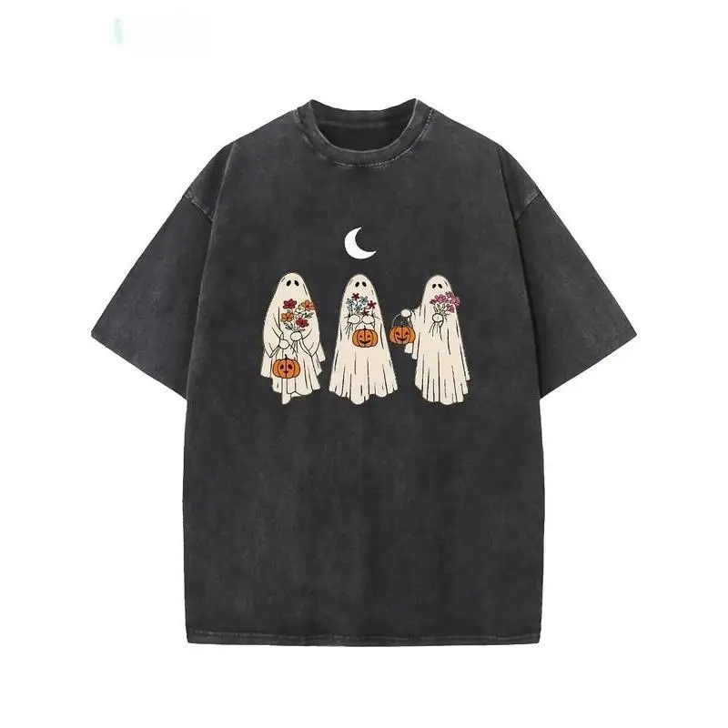 

Halloween Ghost T-Shirt Cute Spooky Graphic Tee Vintage Washed Oversized Top for Trick or Treat, Party or Fall Casual Look S-3XL