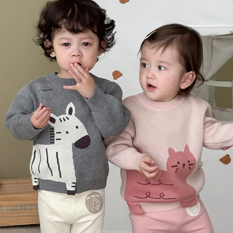 

2025 Autumn Toddler Cartoon Animal Knit Sweater 0-5Y Baby Boys Girls Crew Neck Warm Pullover Loose Casual Children's Clothing