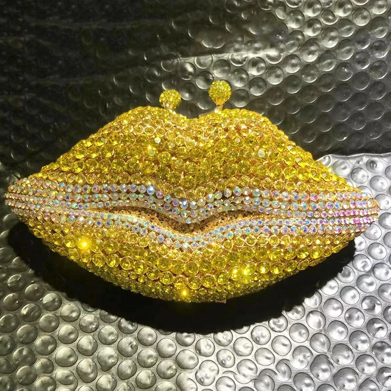 New Arrival Mouth Crystal Evening Bag Yellow/AB Diamond Wedding Bridal Clutches Purses Women’s Rhinestone Mini Minaudier Handbag