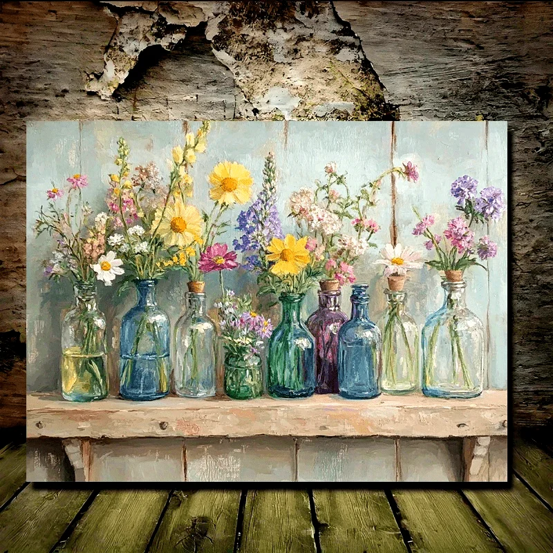 Charming wildflower canvas art | Frameless wall decoration, vintage stained glass bottle, perfect for home and office décor.