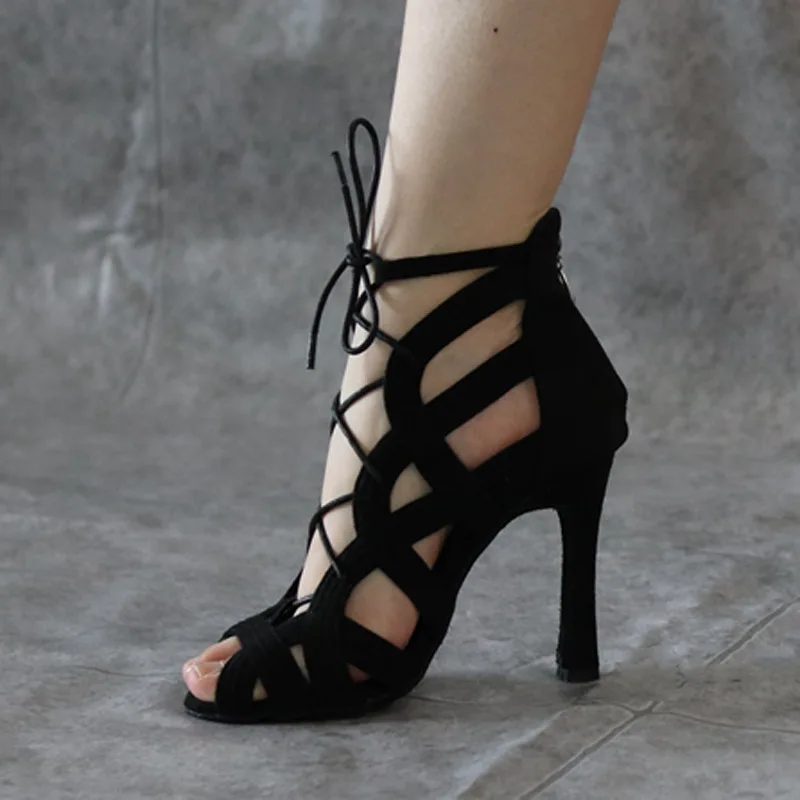 New Black Suede Fashionable High-heeled Latin Dance Shoes, Jazz Dance Boots, Suede-soled Open-toe Women's Dance Shoes