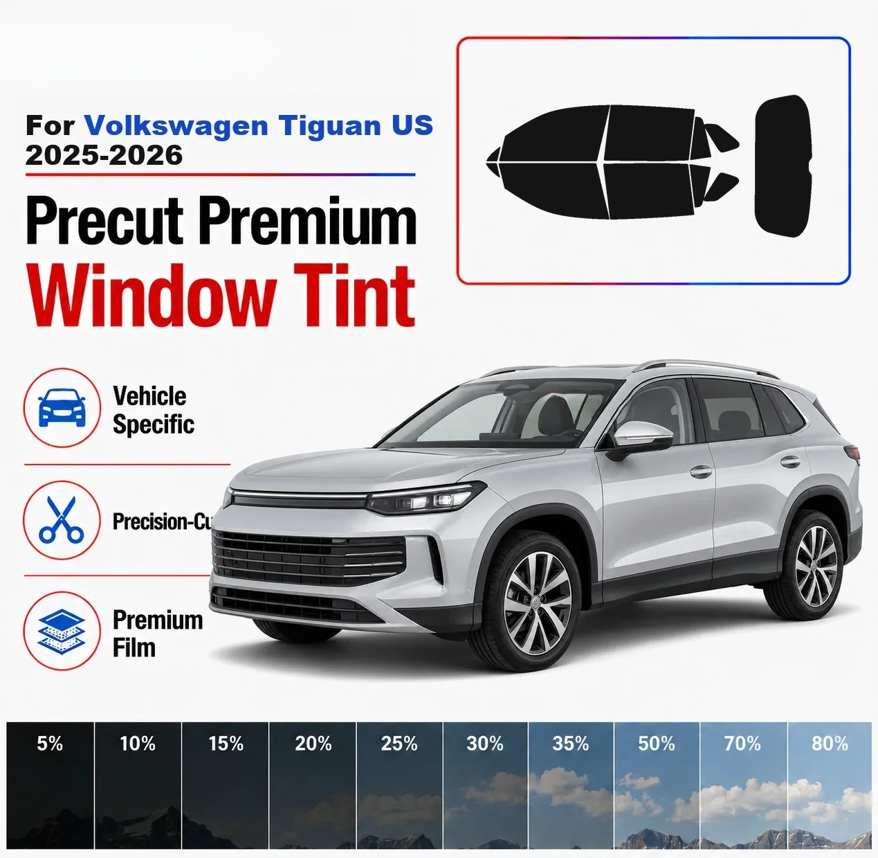 Premium Precut Window Tint Kit Front Rear Windows Rear Windshield For Volkswagen Tiguan US 2025-2026 Car Solar Nano Ceramic Film