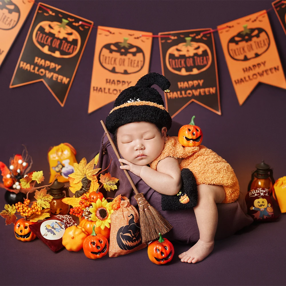 Baby First Halloween Photography Props Kit Knitted Witch Hat+Jumpsuit Set Halloween Decoration Props Photographer Shoot Supplies