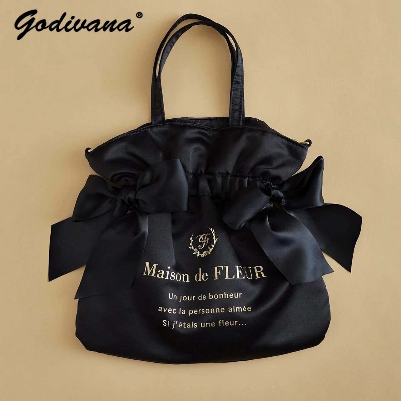 Japanese Style Cute Satin Silk Double Bow Messenger Bag Bronzing Letters Drawstring Shoulder Bag Girl Women\'s Soft Handbags