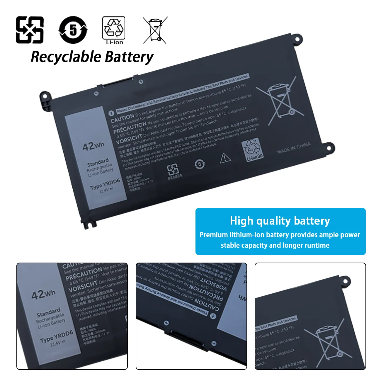 YRDD6 11.4V 42Wh Laptop Battery For Dell Vostro 3491 3591 3490 3590 3501 Inspiron 5481 5482 5485 5491 5591 5485 5585 5480