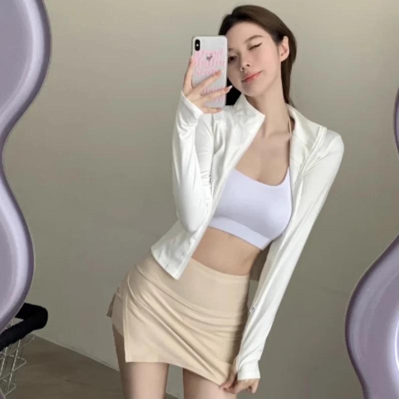 

Женская спортивная верхняя одежда для защиты от солнца, облегающая одежда для фитнеса, тонкий крой, элегантный воротник-стойка, топ для йоги