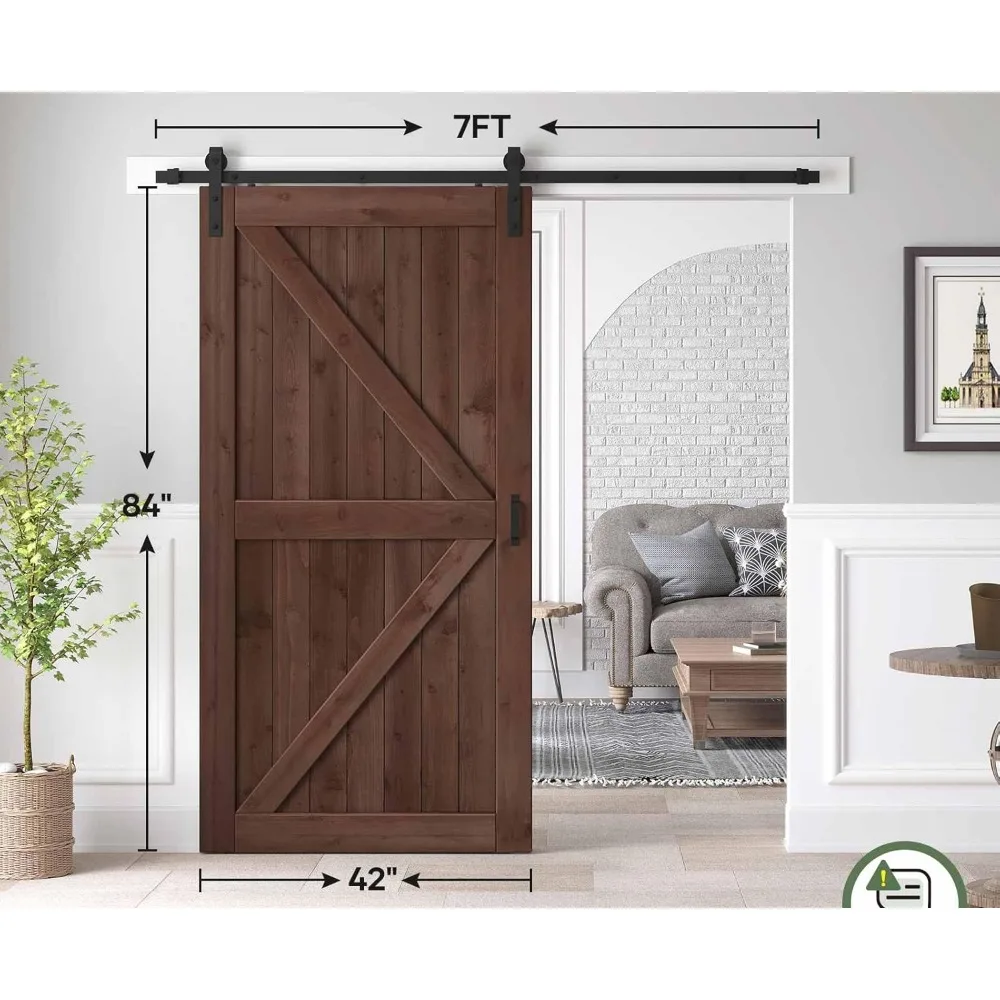 42x84 inch Sliding Barn Wood Door Slab with 7ft Hardware Kit and Handle, Coffee, K Shape, Simple Assembly tiny house