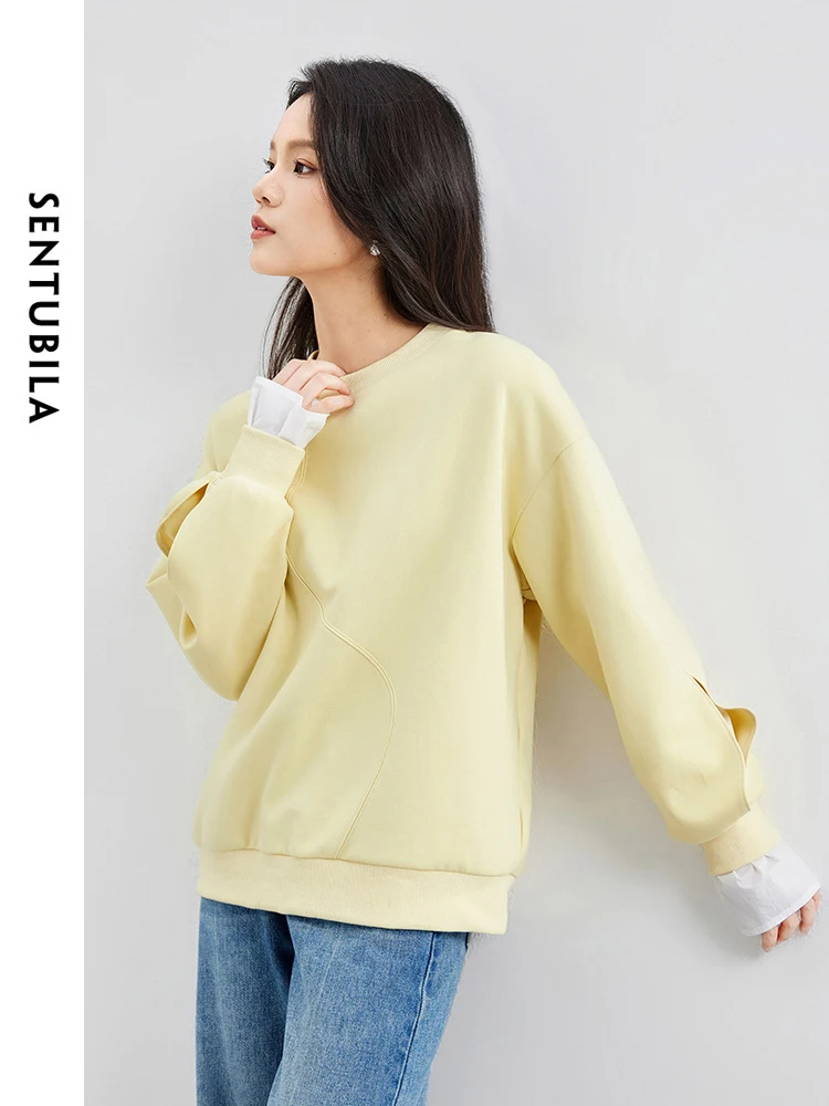 SENTUBILA Spring Hollow Out Spliced Sweatshirt 2024 Fake 2 Piece Long Sleeve Top Simple Round Neck Loose Pullovers 143A57365X