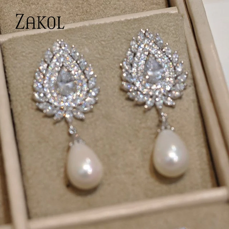 ZAKOL Vintage White Imitation Pearls Dangle Earrings for Women Luxury Water Drop Zircon Bridal Wedding Jewelry