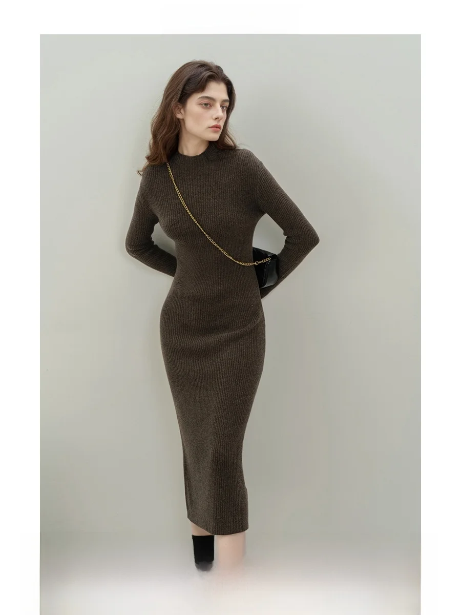 

00% Wool Knitted Dr f High Collar Wool Blend H-ape Simple Sle Commute High Waist Long Sve Daily Wear