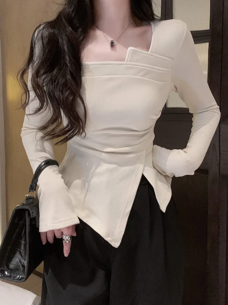 

Sexy Long Sleeve Square Collar T-Shirt Women's Autumn Winter Slim Fit Base Shirt Irregular Top Korean Style Commute Pure Color