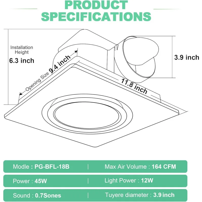 Bathroom Exhaust Ventilation with Light,164 CFM 0.7Sones Quiet Ceiling Mount Ventilation Fan,6000K 12W LED,White