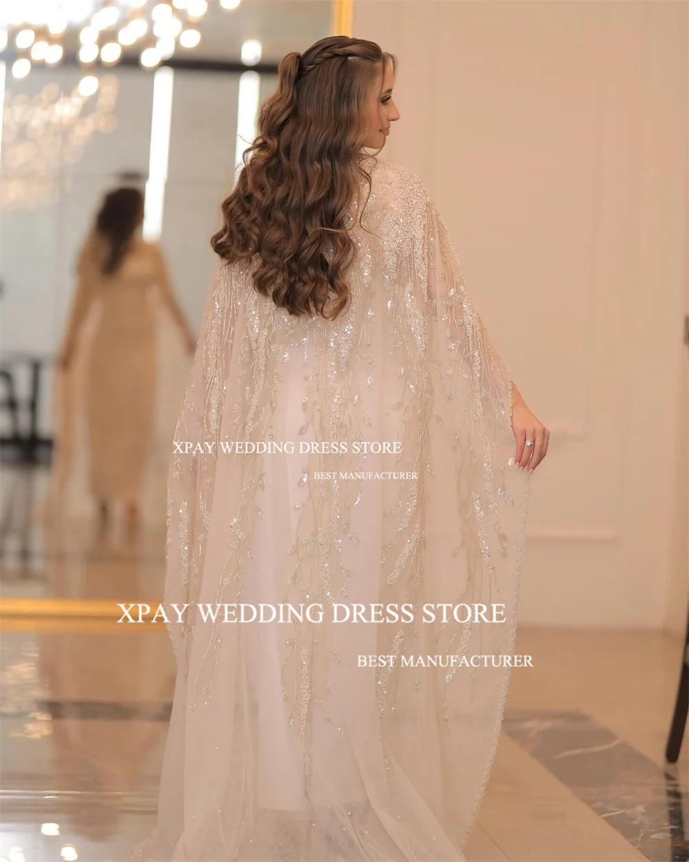 XPAY Luxury Saudi Arabic Wedding Party Dresses Lace Beading Cape Sleeves Floor Length Elegant Formal Prom Gown Occasion Event