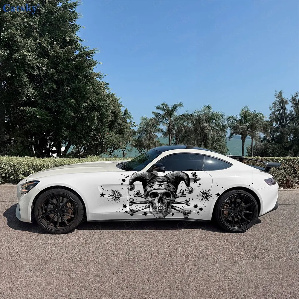 

2pcs Snowflake Dark Jester Skull Car Side Wraps, Self-Adhesive PVC Waterproof & Scratch-Resistant Stickers, Car Accessory Gift