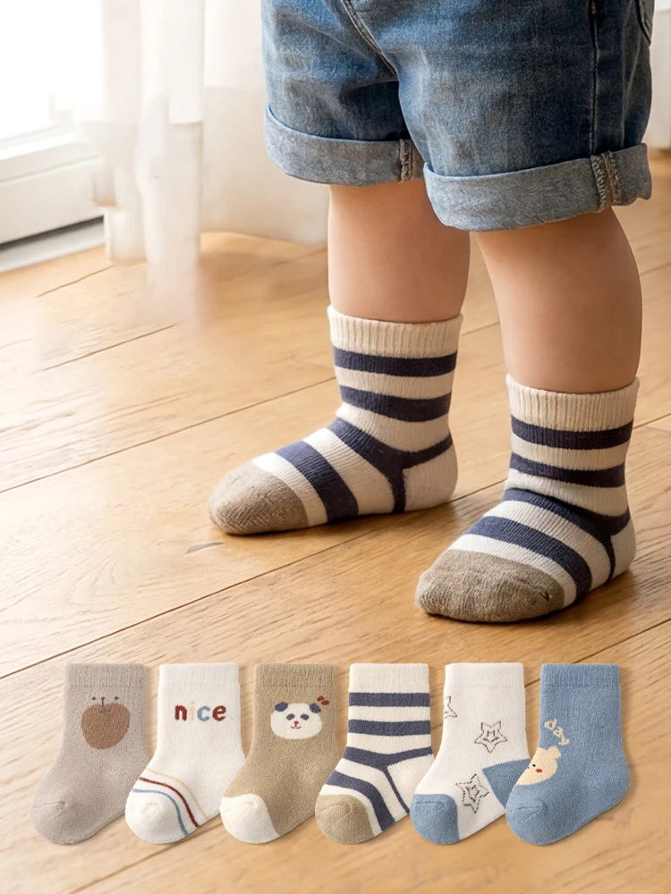 Autumn 6 Pairs Cartoon Stripe Baby Socks Thick Warm Cotton Toddler Mid Tube Socks Cute Animal Pattern Daily Wear Socks