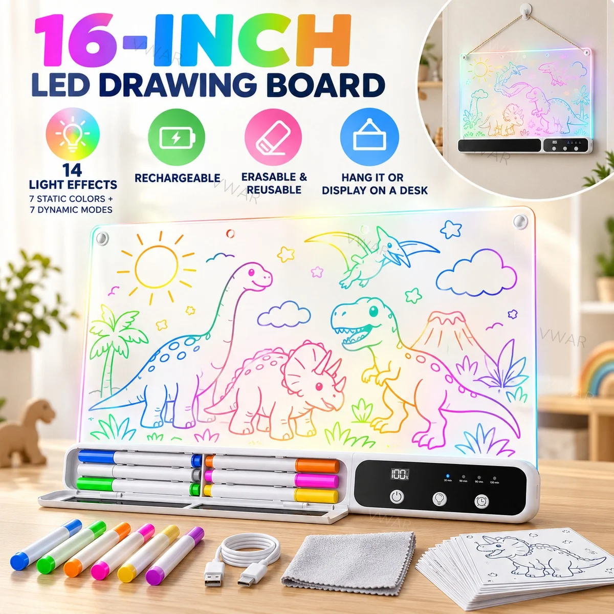 16in Light-Up Drawing Board for Kids Rechargeable Acrylic Neon LED Tablet with 14 Lighting Timer Built-in Stand Digital Battery