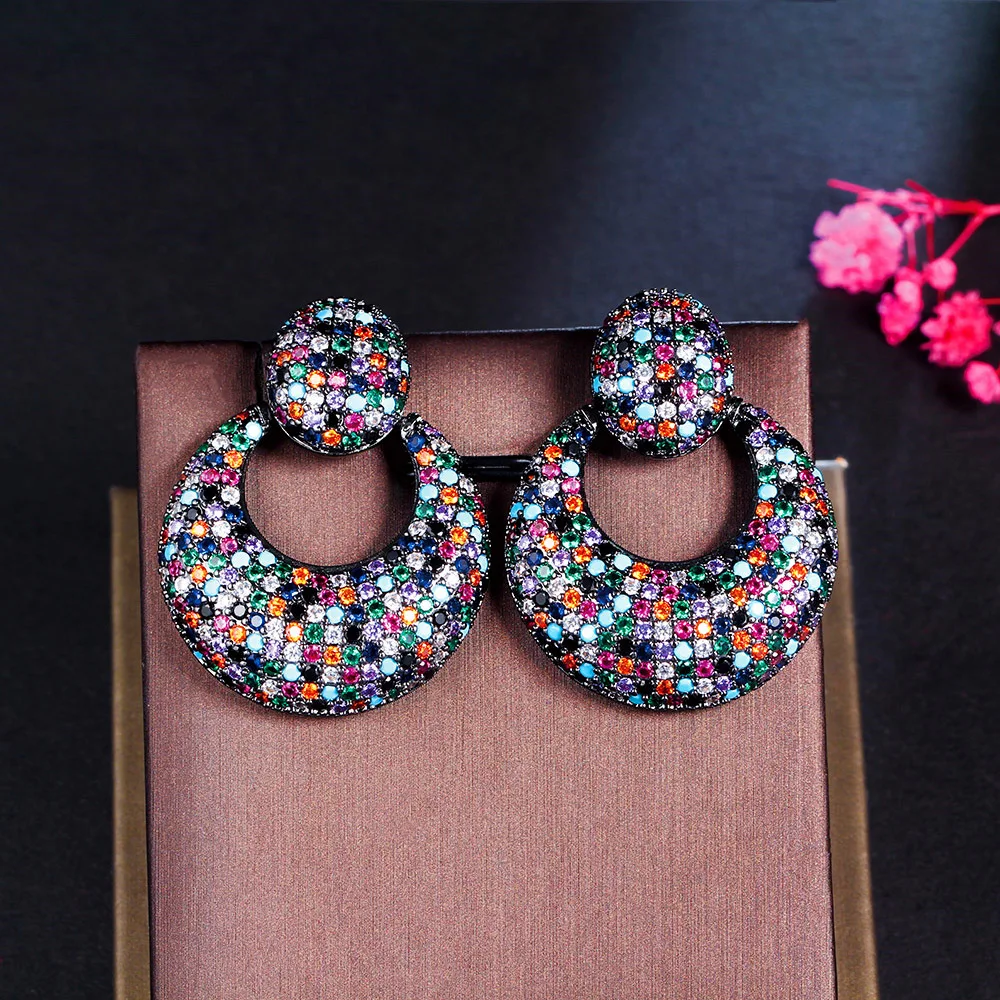 CWWZircons Bright Top Cubic Zirconia Pave Multi Color Big Circle Drop Luxury Chunky Earrings for Women Pageant Jewellery CZ328