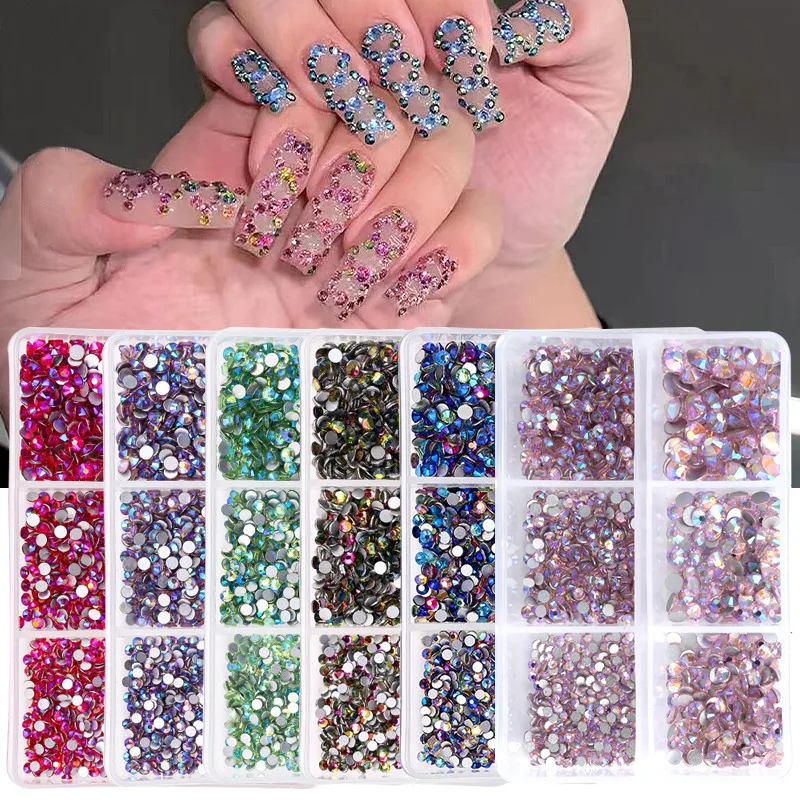 

1Box Aurora Mix Sizes ss6-ss20 Glass Non Hot Fix Rhinestone Flat Back Crystal Stone Strass Glitters Nail Diamond For DIY Garment