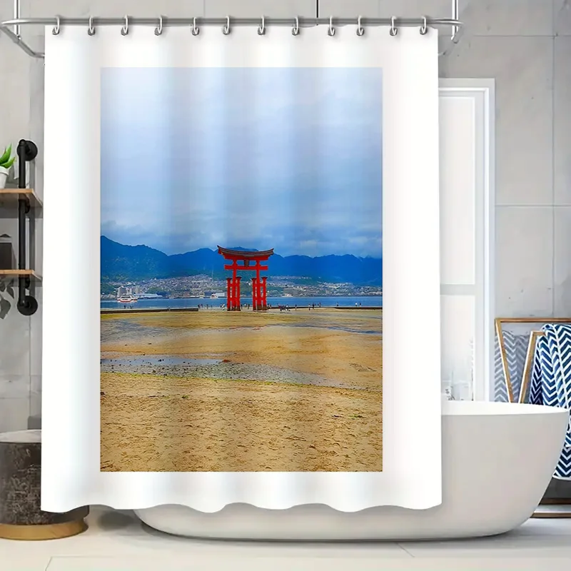 

Japanese Torii Gate Landscape Shower Curtain Zen Garden Nature Scenic Backdrop Bathroom Decor Washable Modern Artistic Home Text
