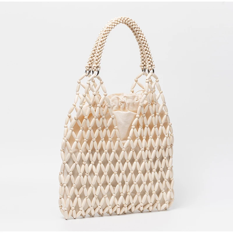 Ahornholz-Perlen-Handtasche, Damen Große Kapazität Hohle Strand-Urlaubstasche, Sommerliche Lässige Schicke Handgewebte Tragetasche – Detail 20