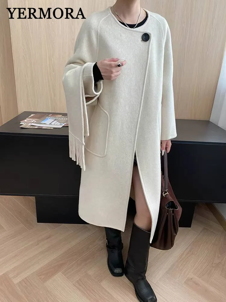 

YERMORA Beige Scarf Tassel Single Button Woolen Coat For Women O-Neck Long Sleeve Loose New Overcoat Fashion Autumn Winter 2025