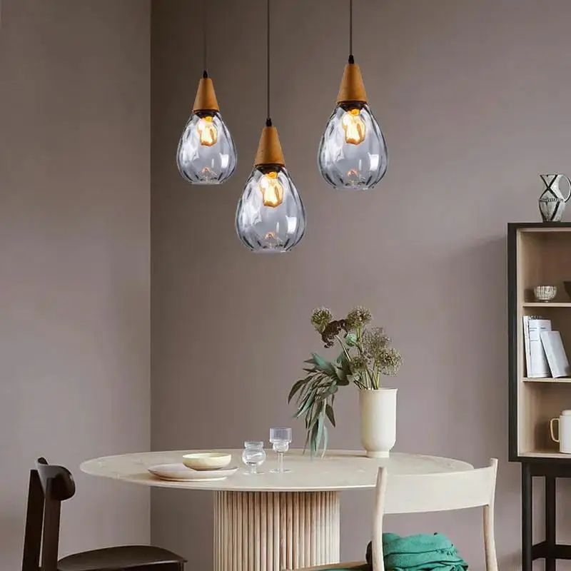 Modern Glass Pendant Lamp Clear Smoke Amber WaterDrop Suspension Light Hall Living Room Wood Hanging Ceiling Chandelier Fixture
