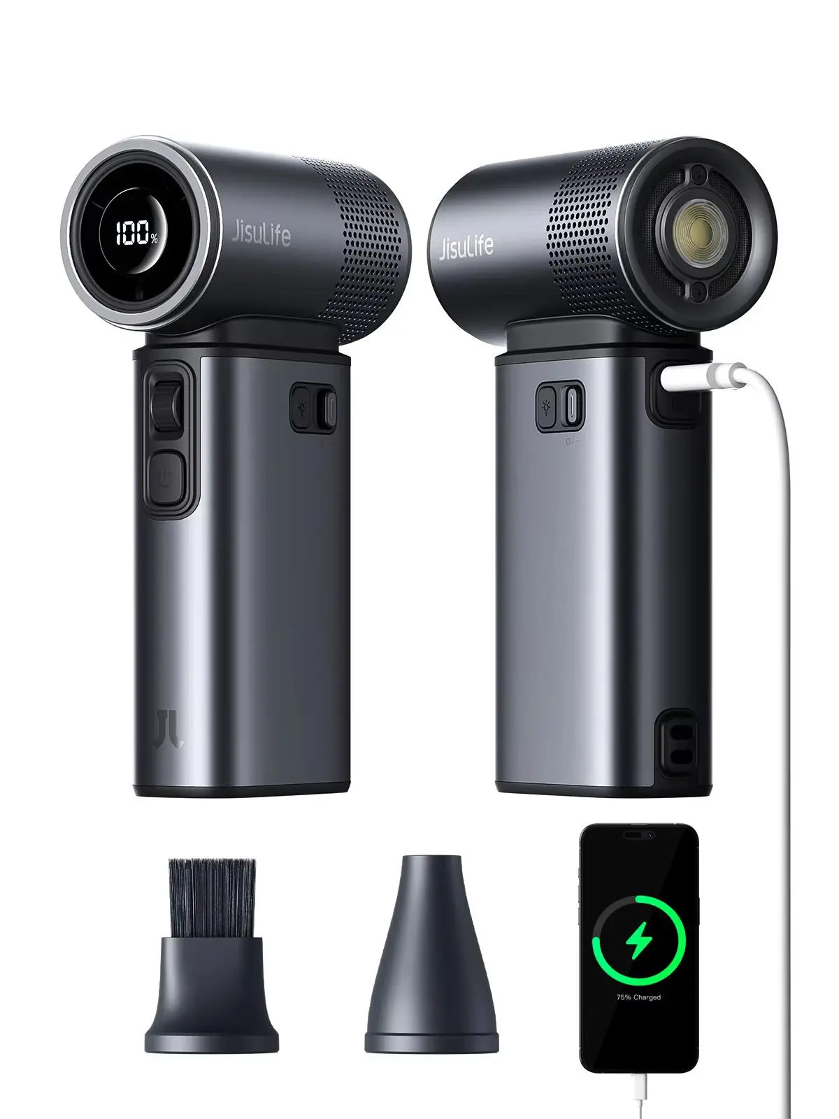 JISULIFE 5-in-1 Handventilator, 100 Geschwindigkeitsstufen, 9000mAh, max. 25 Stunden Laufzeit, Mini-Akku-Ventilator mit 18W Powerbank und Taschenlampe, Ultra-Motor, Metallgehäuse, Geschenke, Schwarz