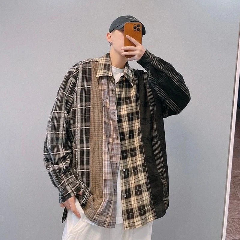 High Street Plaid Shirt Men Fashion New Polo-neck Single Breasted Vintage Patchwork Loose Long Sleeve Thin Shirt Jacket