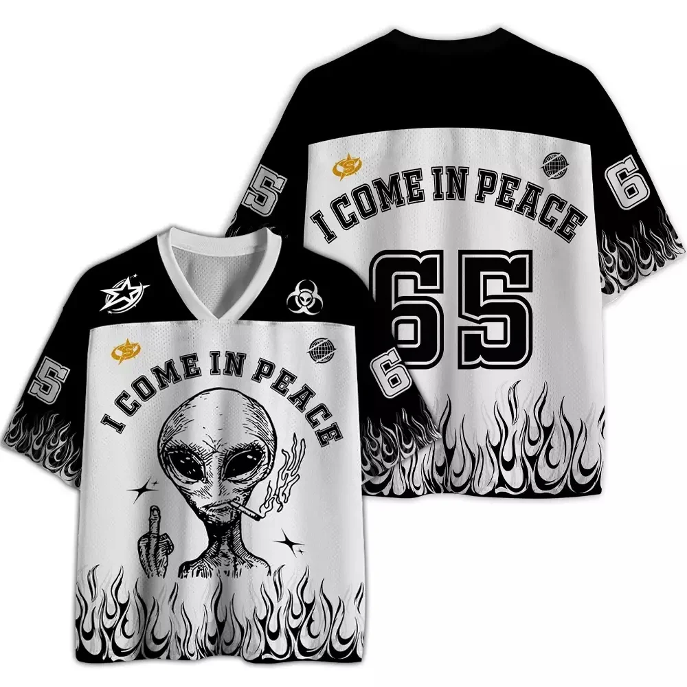 Retro Alien Pattern Color Blocked Flame Mesh Eye V-neck Short Sleeved Adult and Children's Oversized Street Top