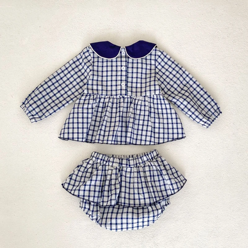 Autumn new baby clothing, 0-3 year old female baby, doll collar embroidered checkered top+skirt skirt wrapped pants 2-piece set