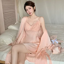 2025 Summer 2PCS Sexy Lace Lingerie Silk Satin Nightgowns Robes Sets For Women Korean Bathrobes Sleepwear Nightdress Night Dress