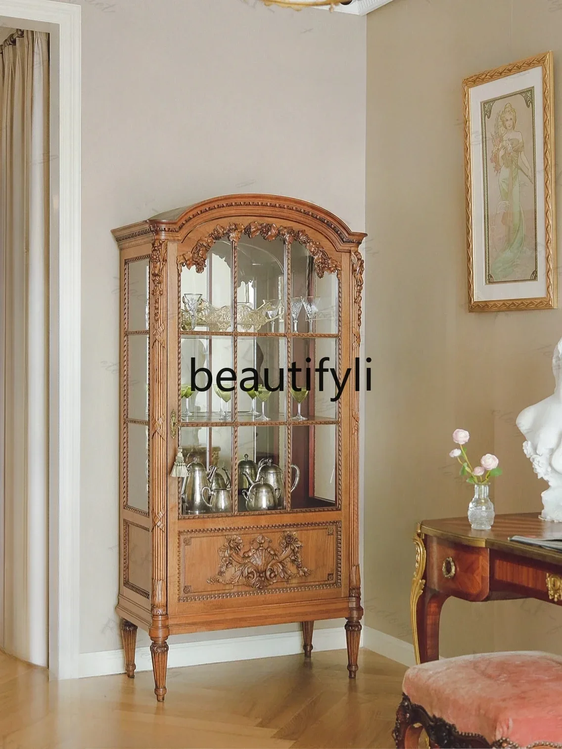 French solid wood carving flower dining side cabinet storage old display antique glass wine cabinet living room furniture