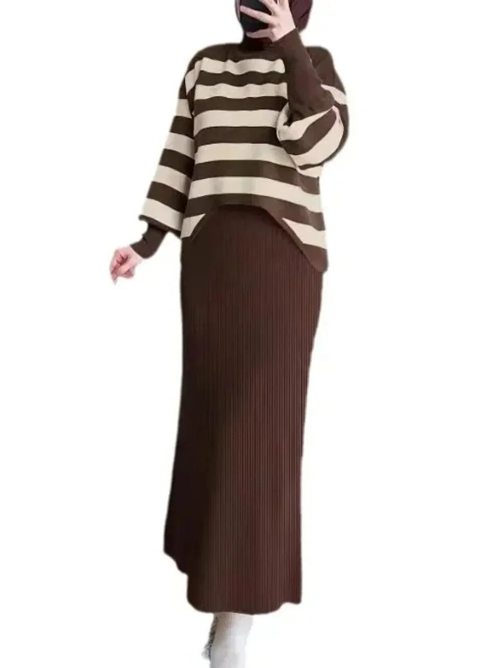 Muslim Knitting 2 Piece Set Women Striped Knitted Top Pullover Vest Dress Suit Morocco Dubai Arabic Casual Dresses Ensemble