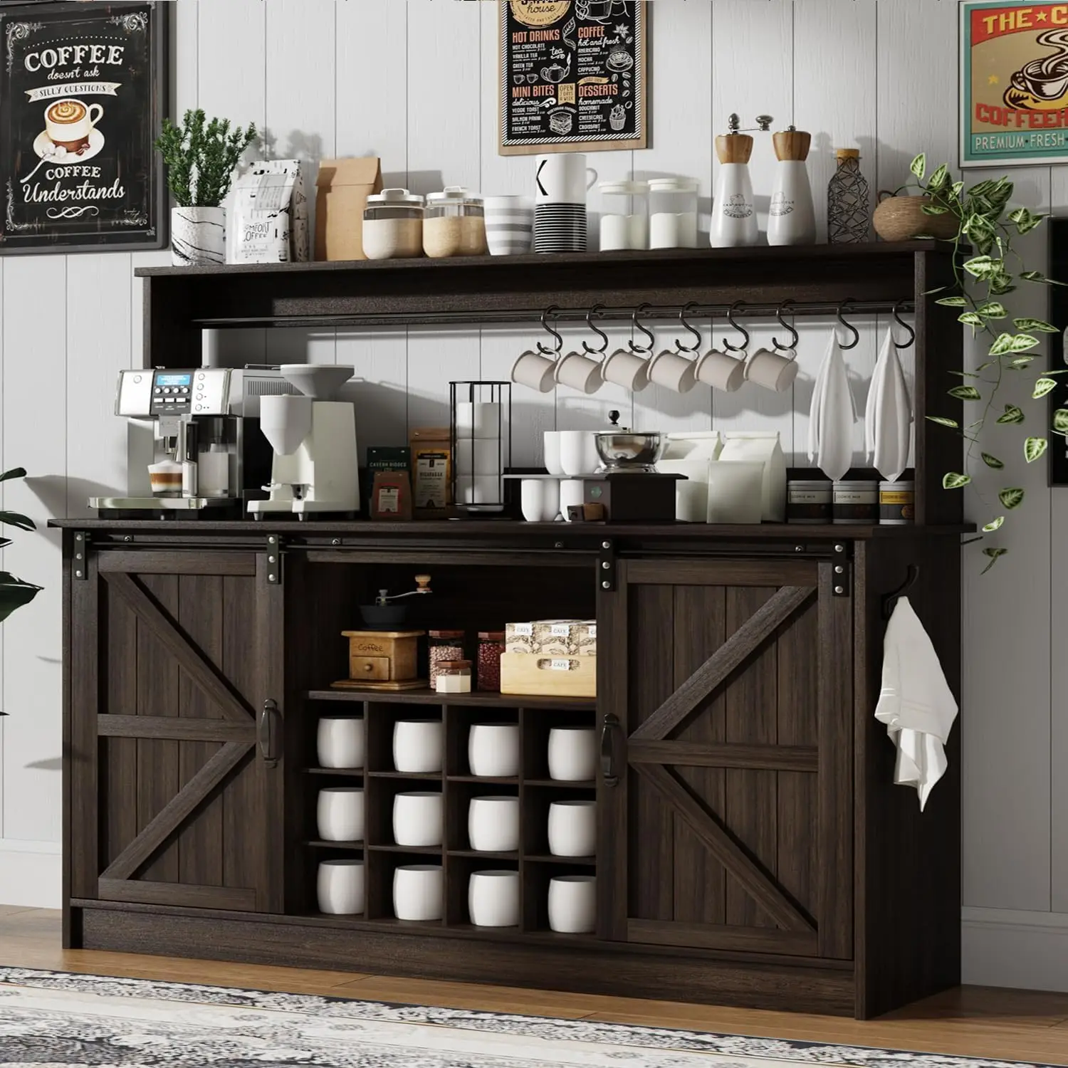 

Farmhouse Coffee Bar Cabinet with 8 Hooks, 55” Kitchen Hutch Cabinet with Storage, Gray Coffee Bar with Sliding Barn Doors and 1