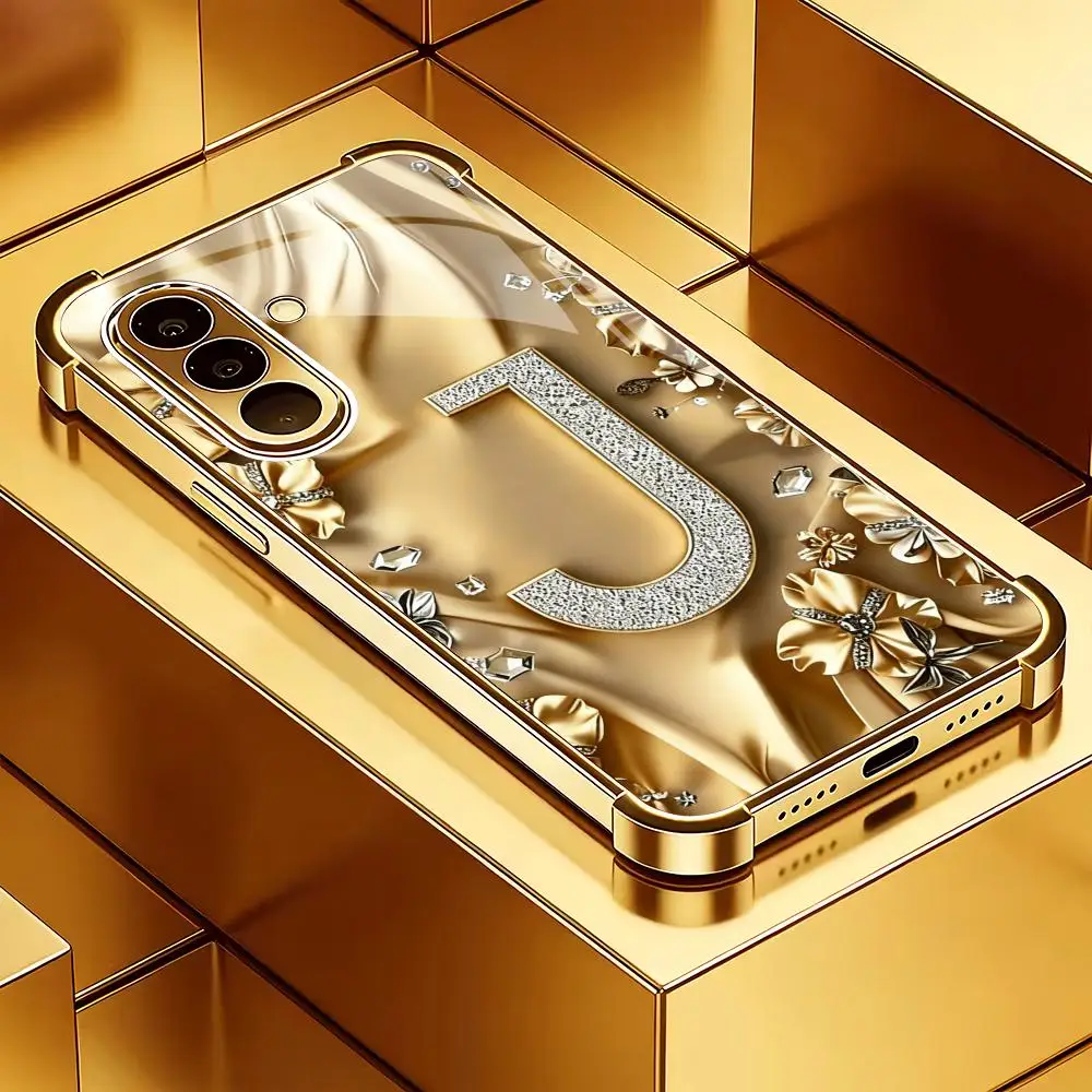 Gilded rhinestone letter J glass phone case suitable for Samsung GalaxyS26 S25 S24 S22 S21 S20FE/Ultra/Plus anti drop back cover