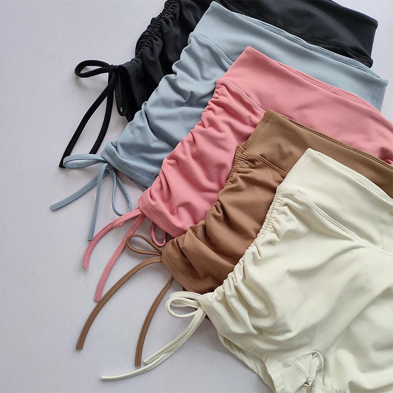 Hochgeschnittene Sexy Fitness-Shorts mit Kordelzug Schnelltrocknende Dreiteilige Laufhose für Damen Pfirsichfarbene Sport-Hotpants – Detail 13