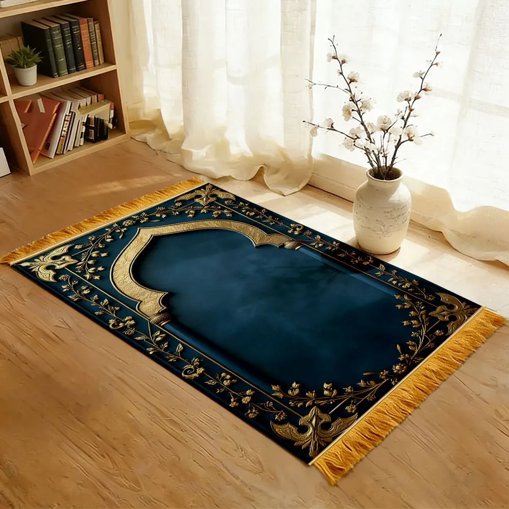 Tapis de prière musulman VIKAMA avec motif en arche, tapis de prière de voyage de luxe bleu et or, cadeau de l'Aïd, Janamaz islamique pliable pour la prière