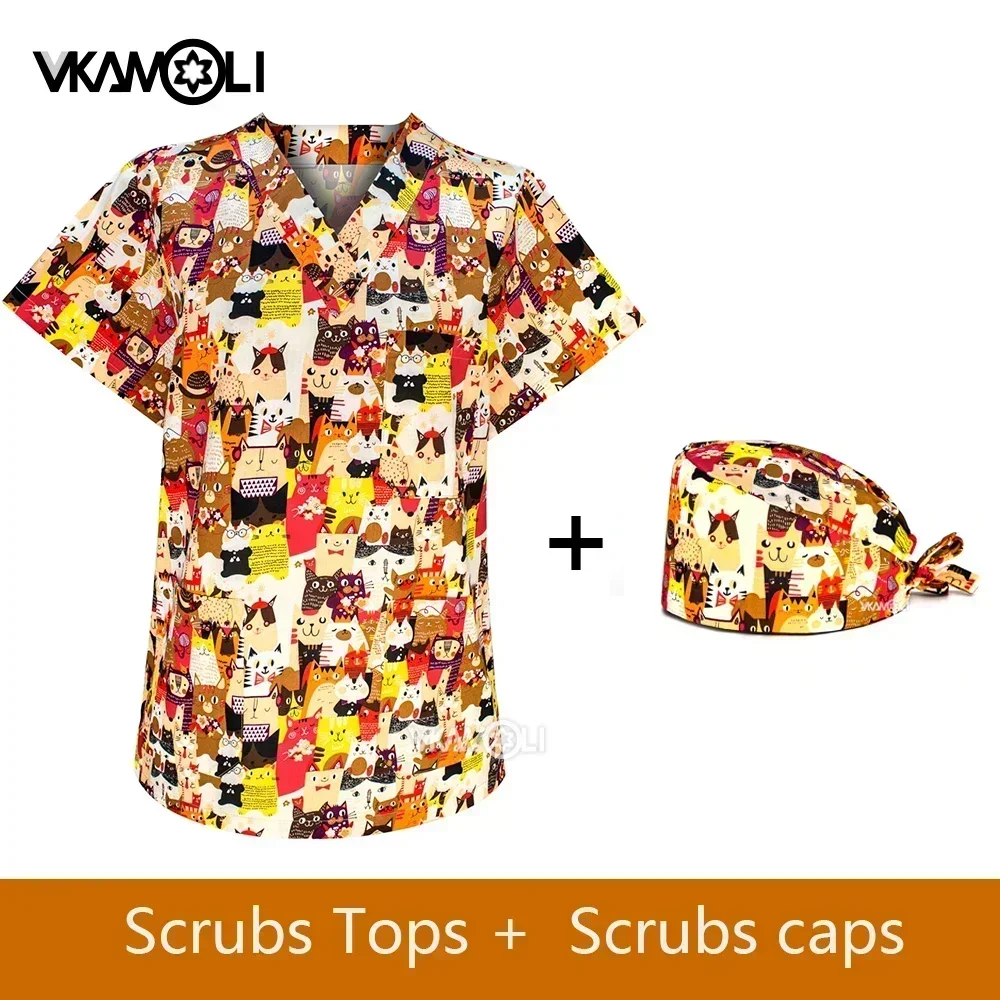 

100% Cotton Cat print Scrub tops Pet hospital Staff V-neck Short Sleeve Uniform vet Doctor Overalls working clothes