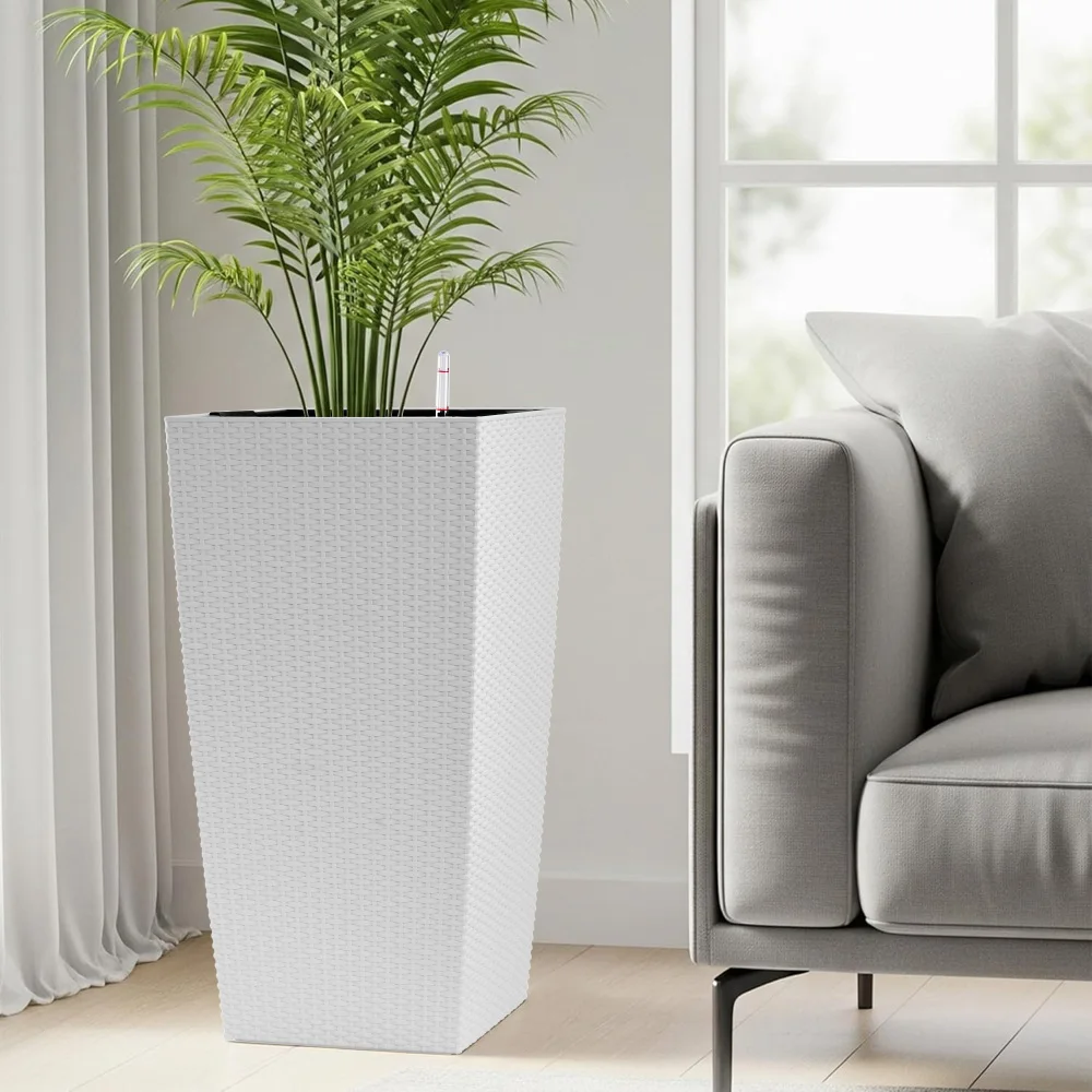

30in Tall Large Self-Watering Flower Pot with Drain Holes, Inner Tray, Water Level Monitor Indoor Outdoor White for Garden Patio