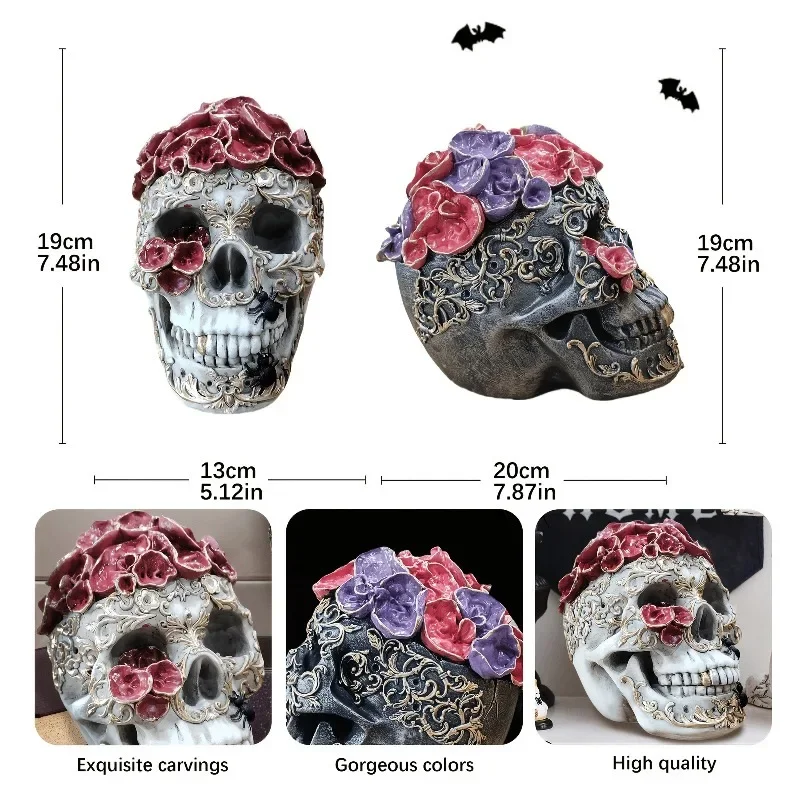 Gothic Red Rose Skull Resin Statue Creative Halloween Craft Ornament Spooky Horror Party Figurine Home Desktop Decoration Gift