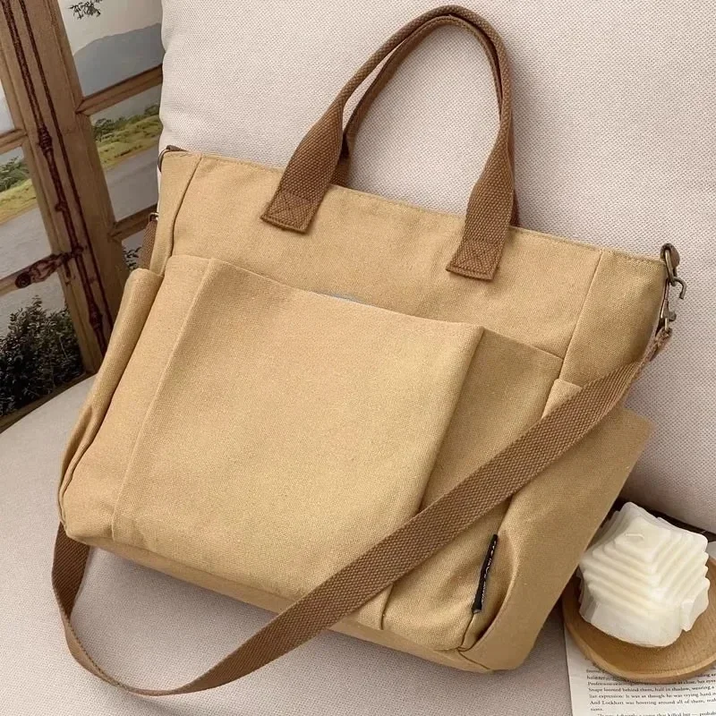 Urban Minimalist Female Student Large Capacity Commuting Horizontal Canvas Single Shoulder Diagonal Cross Portable Tote Bag