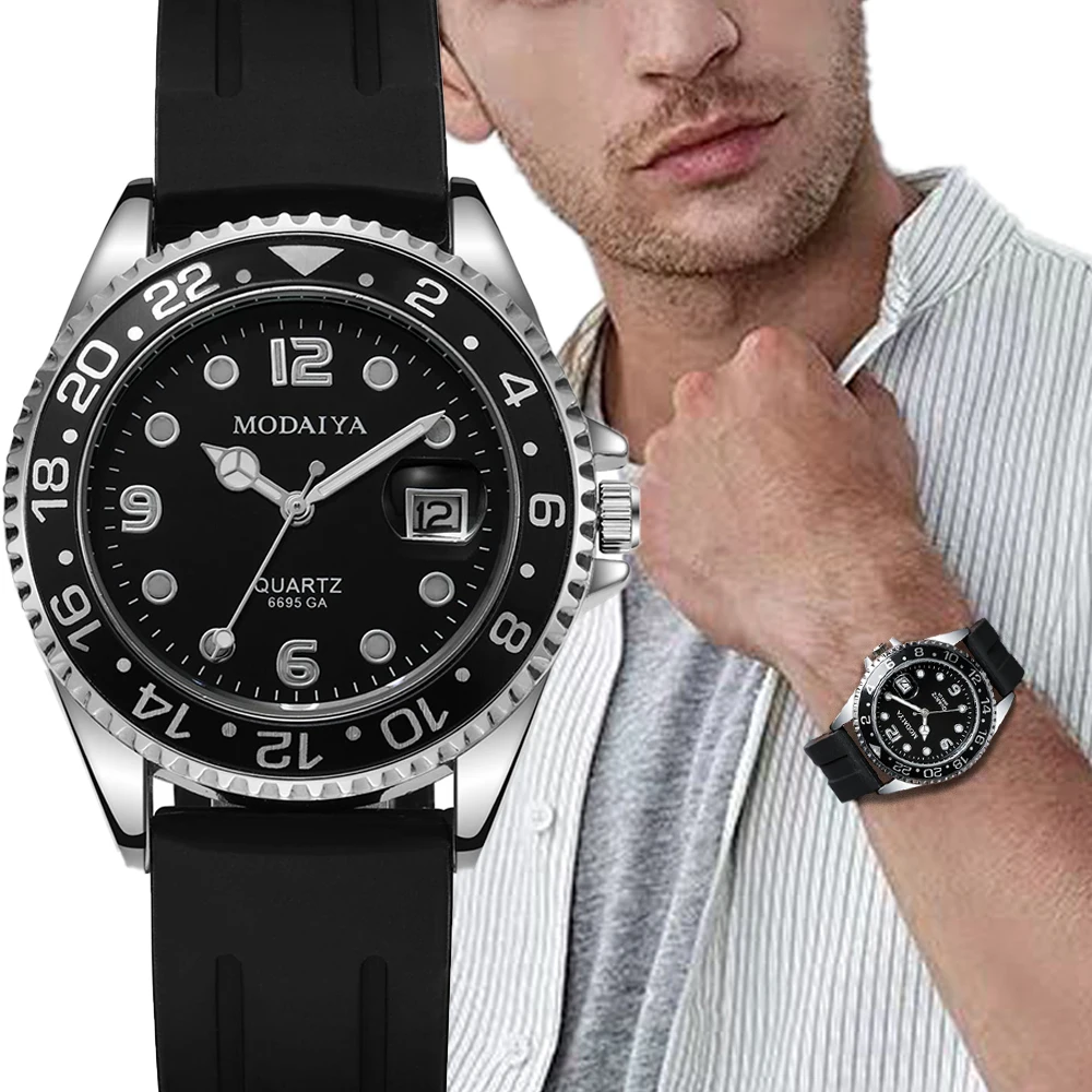 Fashion Brand Men\'s Watch Casual Sports Watch for Men Stainless Steel Dial Silicone Strap Date Quartz Watches Timer Clock