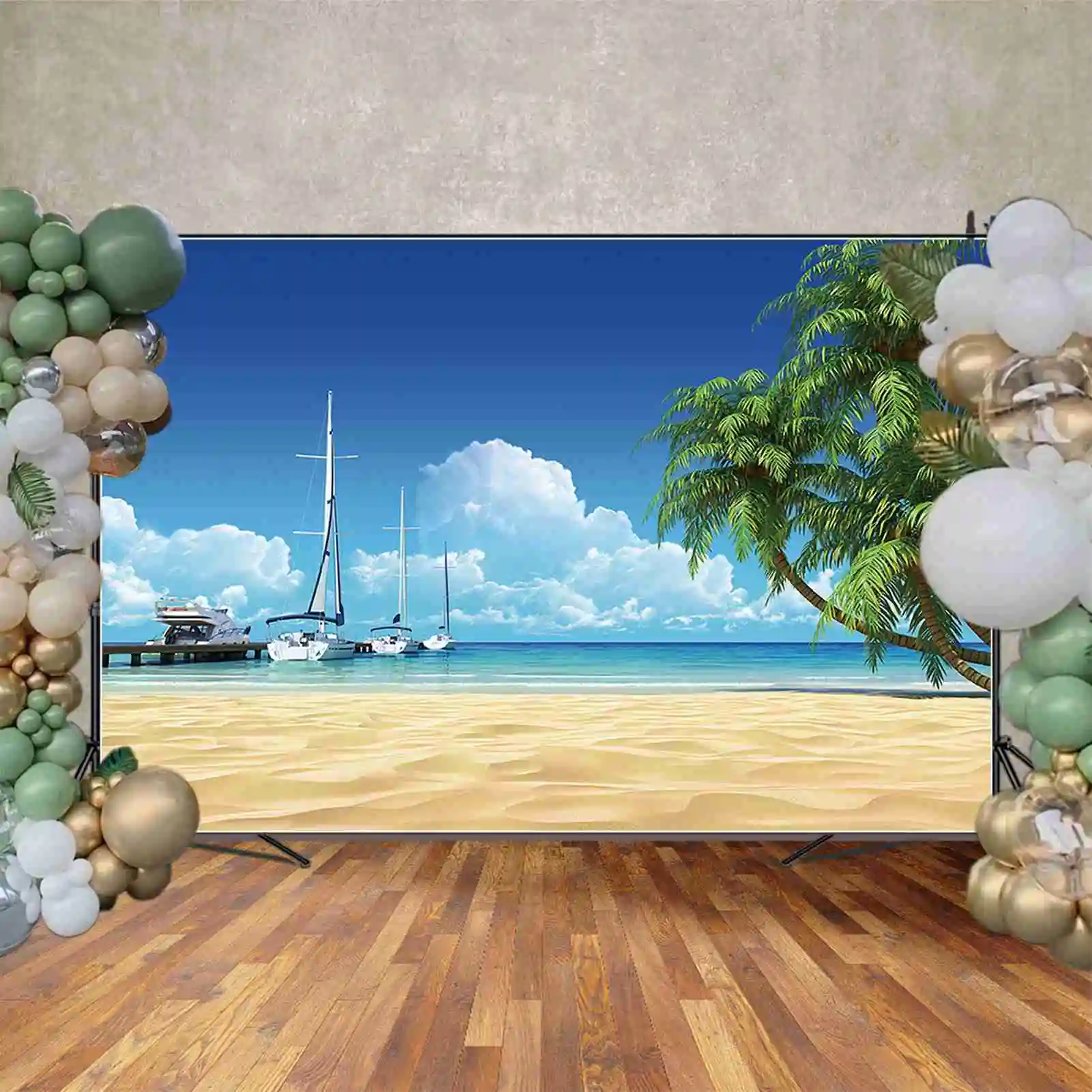 MOON.QG Tropical Beach Sea Ship Boat Wharf Backdrop Photography Summer Holiday Party Background Blue Ocean Surface Photo Props