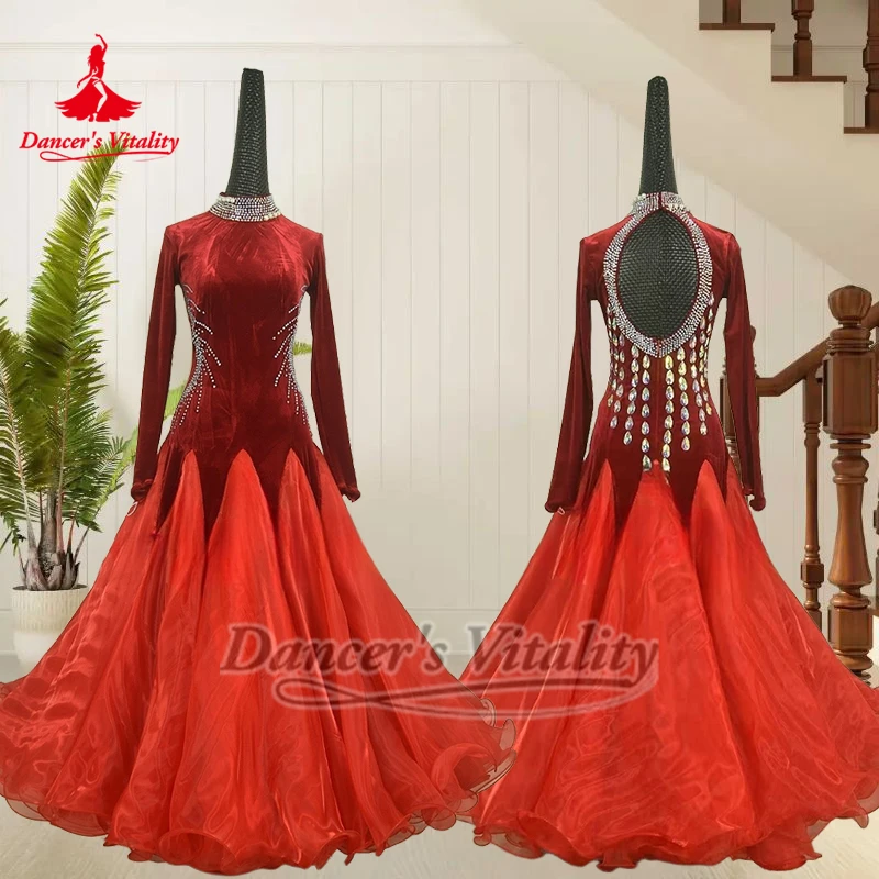 여성용 왈츠 포크스트롯 전문 의상 성인 고급 벨벳 볼룸 하이넥 댄스 드레스 맞춤형 댄서의 활력