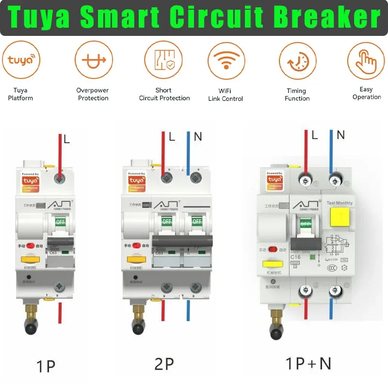 

Tuya WIFI Circuit Breaker 230V 16A 32A 60A MCB Smart Life Remote Control Short Circuit Protection Timed Switch 1P/2P/3P/4P/1P+N