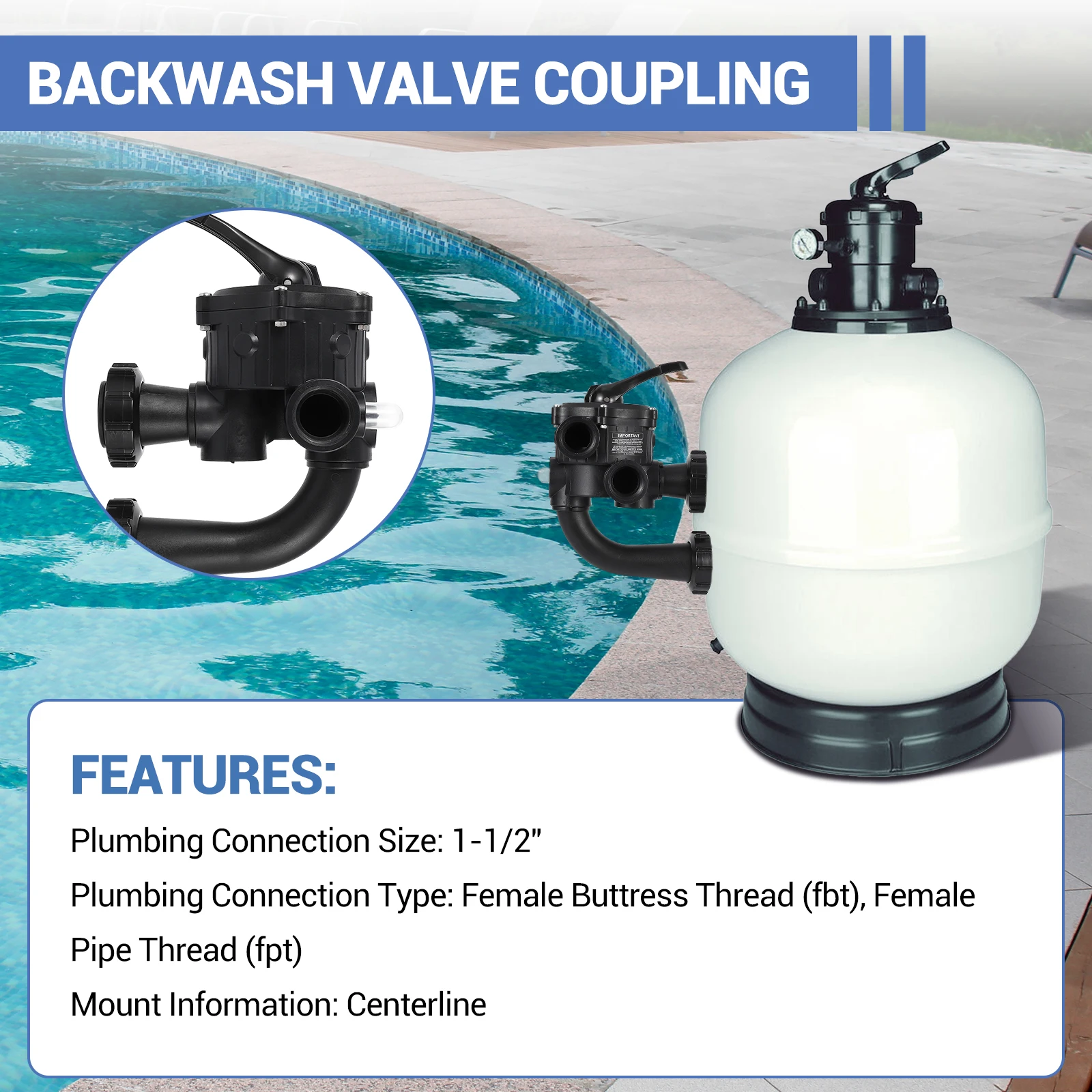 SP0710XR50 Backwash Valve Coupling with Hayward Pro-Series Vari-Flo, Backwash Valve Coupling Fit for 1-1/2" Ports for De Filters