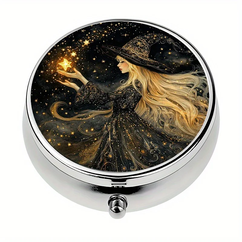 1 Gothic Witch Starry Night Theme Pill Box, with 3 Compartments, Mini Pill Container, Pill Organizer, Unique Travel Gift