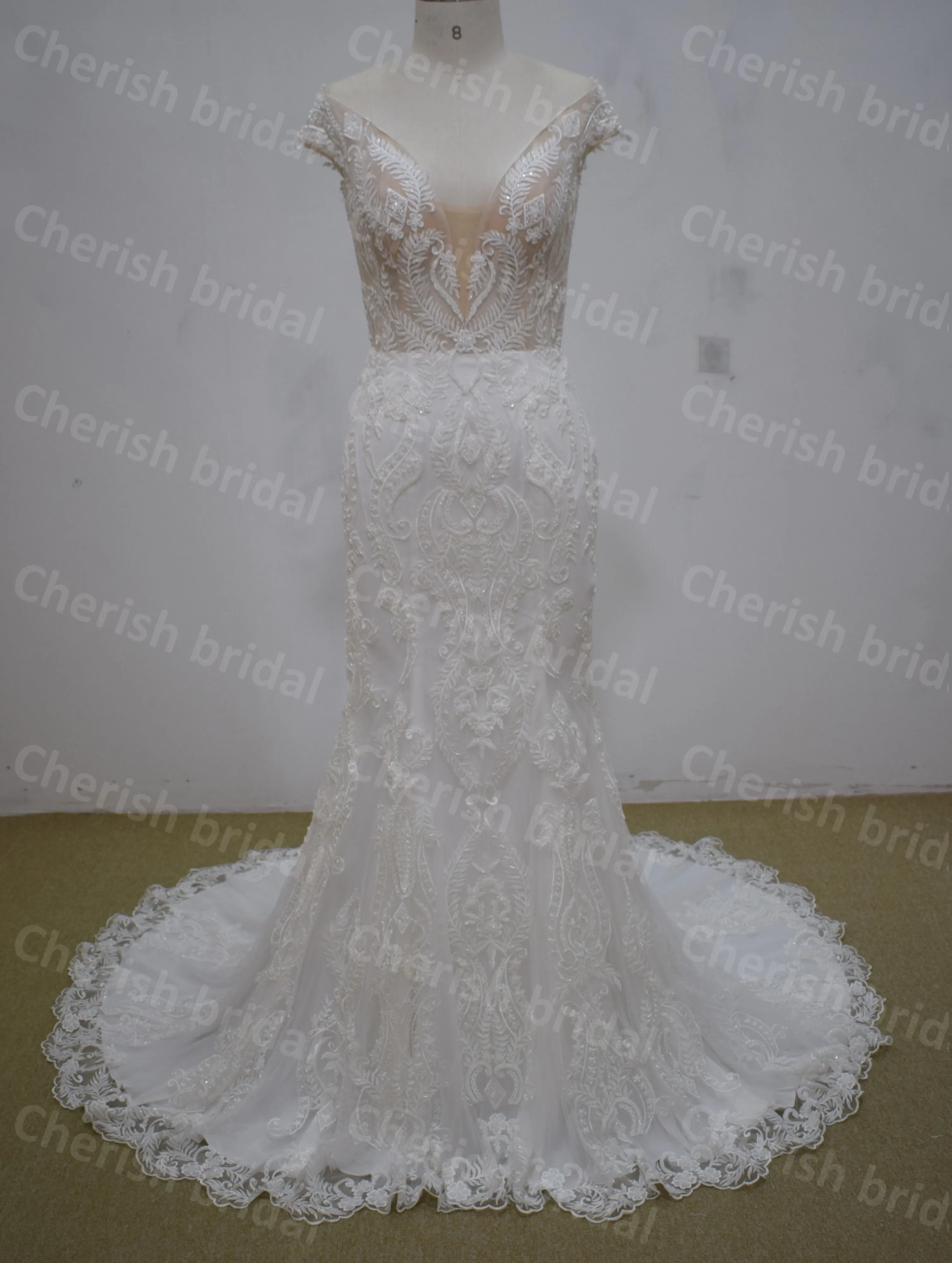 

C3068M Short Sleeve Wedding Dress Mermaid Bride Dresses V neck Lace Applique and Beading Mermaid Bridal Gown for Women