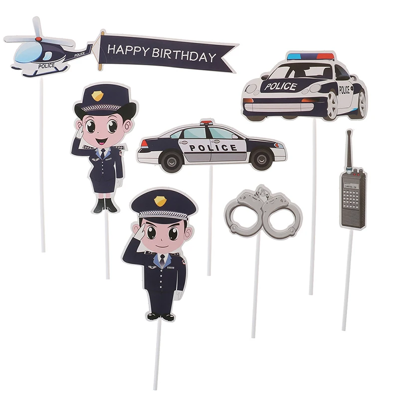 PRECUT Cartoon Police Car Plane Handcuffs Birthday Cupcake Toppers Decorations view 2