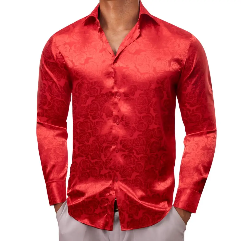 Silk Shirts for Men Red Burgundy Paisley Flower Long Sleeve Slim Fit Male Blouse Casual Lapel Clothes Tops Streetwear Barry Wang